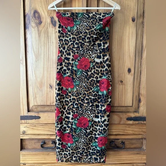 DNA Couture Leopard Print Strapless Midi Dress with Red Rose Accents - Medium - Picture 3 of 16